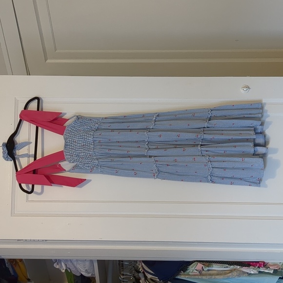 Girly Cherry Picnic Dress Blue Pink Gingham Comfy Rayon Jersey Ribbon Tie Straps - Picture 5 of 5
